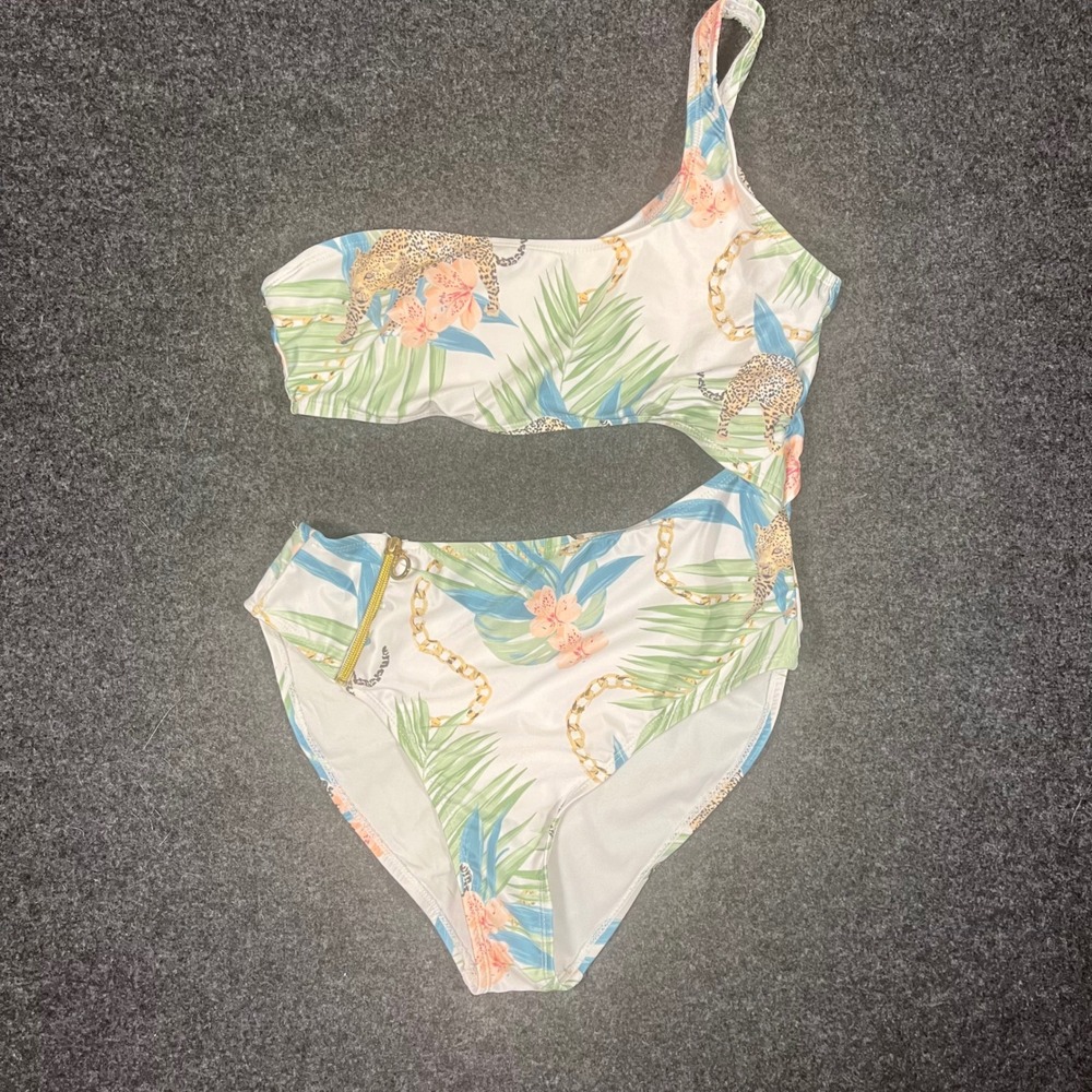 Blu C Tropical Leopard‎ One Shoulder Cutout Monokini Swimsuit BUJR19117 Sz Large